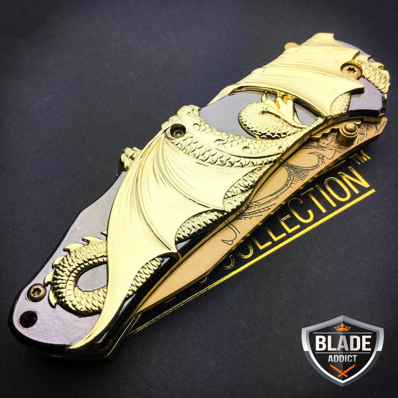 8" Gold Dragon Titanium Spring Assisted Open Blade Folding Pocket Knife Limited Edition - BLADE ADDICT