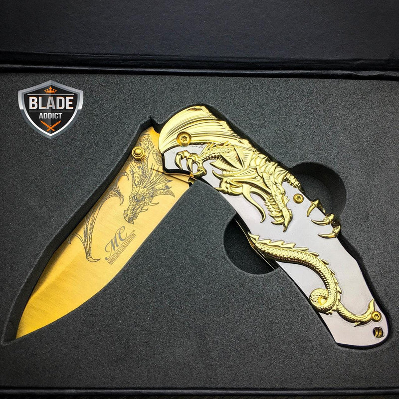 8" Gold Dragon Titanium Spring Assisted Open Blade Folding Pocket Knife Limited Edition - BLADE ADDICT