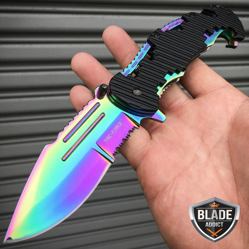 8" Spring Assisted Open RAINBOW Tactical FOLDING Pocket Knife - BLADE ADDICT