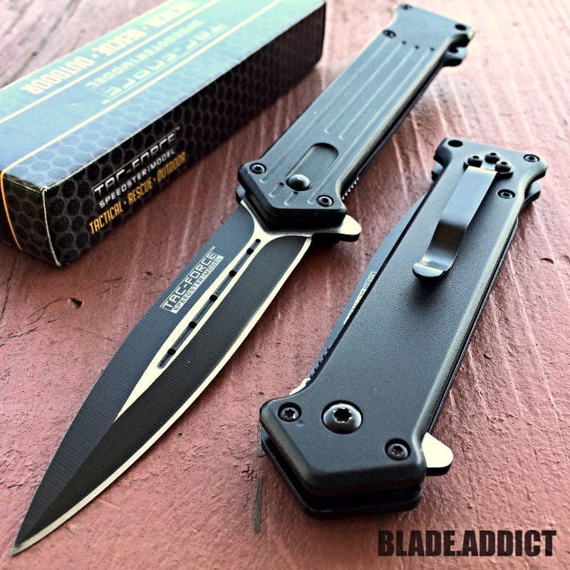 8" Tac Force Spring Assisted Stiletto Pocket Knife Black - BLADE ADDICT