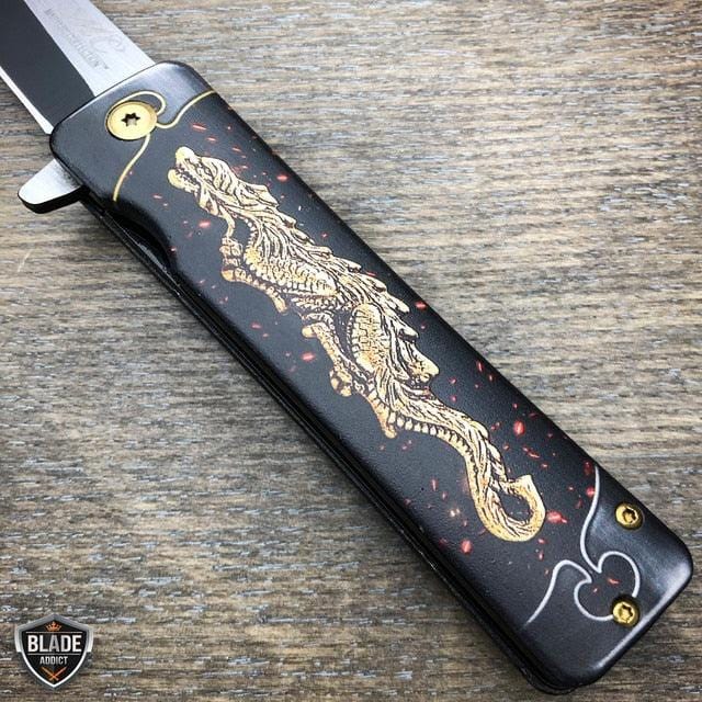 8" Tanto Japanese Style Katana Dragon Spring Assisted Pocket Knife - BLADE ADDICT