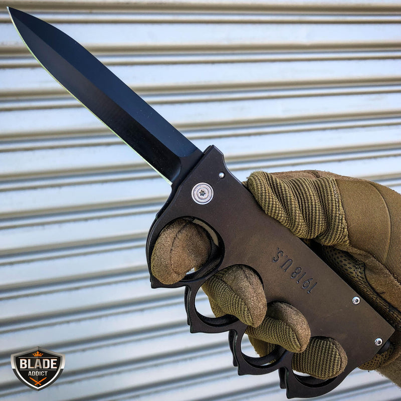 9.25" Black Knuckle Tactical Spring Assisted Open Folding Pocket Knife 1918 U.S. Trench Style - BLADE ADDICT