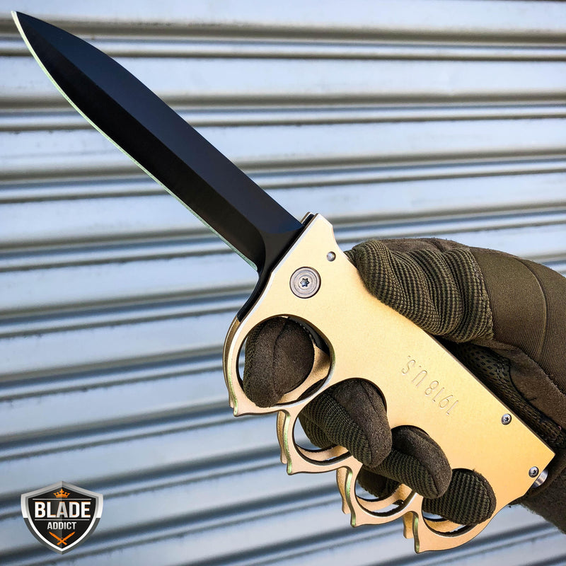 9.25" Gold Knuckle Tactical Spring Assisted Open Folding Pocket Knife 1918 U.S. Trench Style - BLADE ADDICT