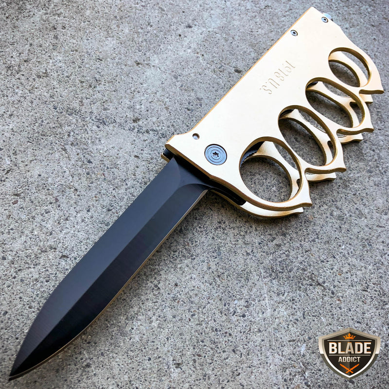 9.25" Gold Knuckle Tactical Spring Assisted Open Folding Pocket Knife 1918 U.S. Trench Style - BLADE ADDICT