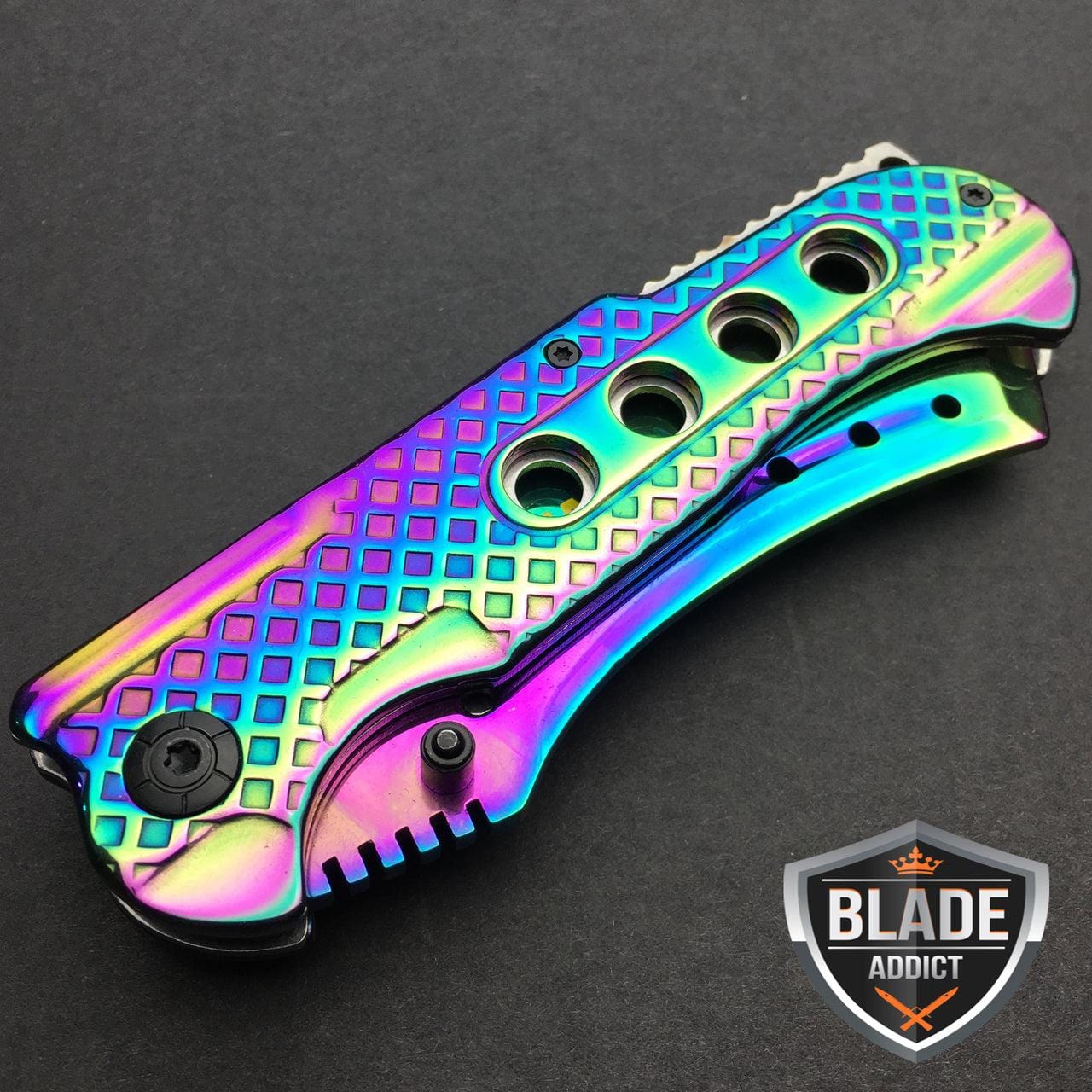 USA SELLER USA STOCK 2PC Rainbow COMBO SET TACTICAL CLEAVER Style Pearlized  Pocket Knife + PUNISHER KARAMBIT Skull & Spine Folding Knife Hunting Gift