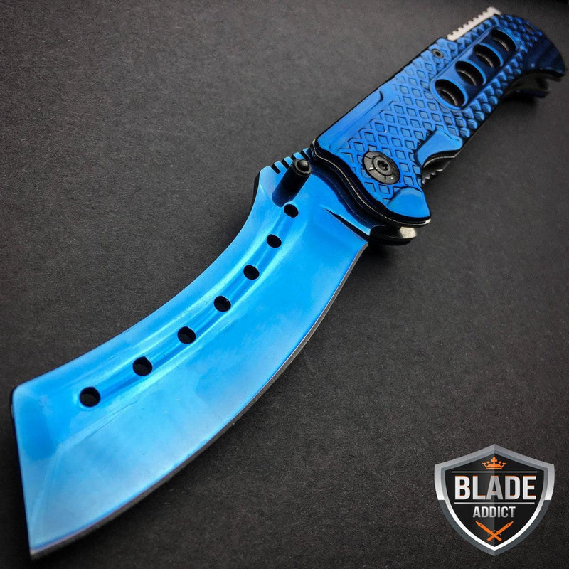 9" Razor Sharp Cleaver Pocket Knife - Blue - BLADE ADDICT