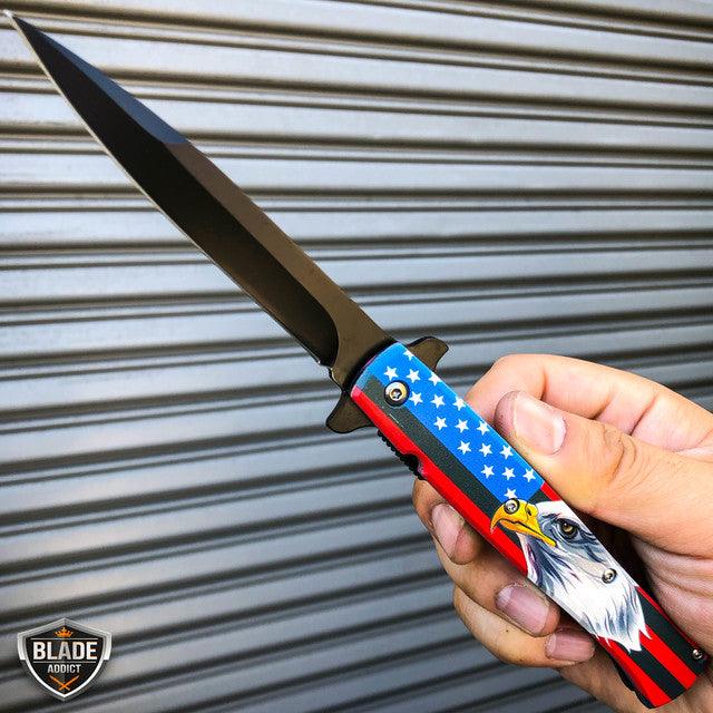 9" Stiletto Eagle American Flag Spring Assisted Folding Pocket Knife - BLADE ADDICT