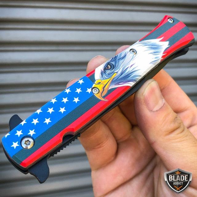 9" Stiletto Eagle American Flag Spring Assisted Folding Pocket Knife - BLADE ADDICT