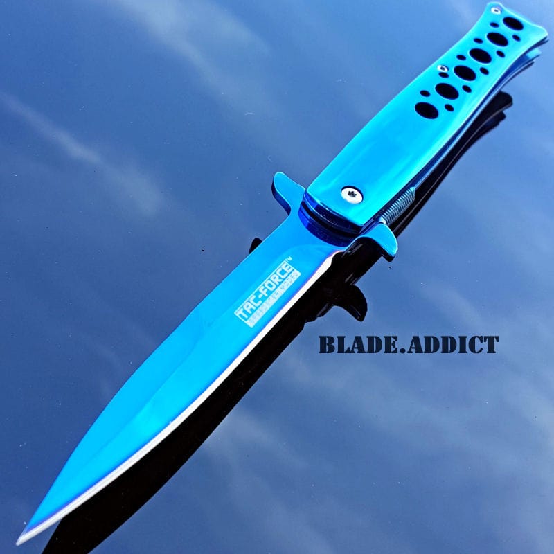 9" Tac Force Blue Titanium Stiletto Pocket Knife - BLADE ADDICT