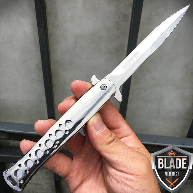 9" TAC FORCE Chrome Italian Stiletto Tactical Spring Assisted Open Pocket Knife - BLADE ADDICT
