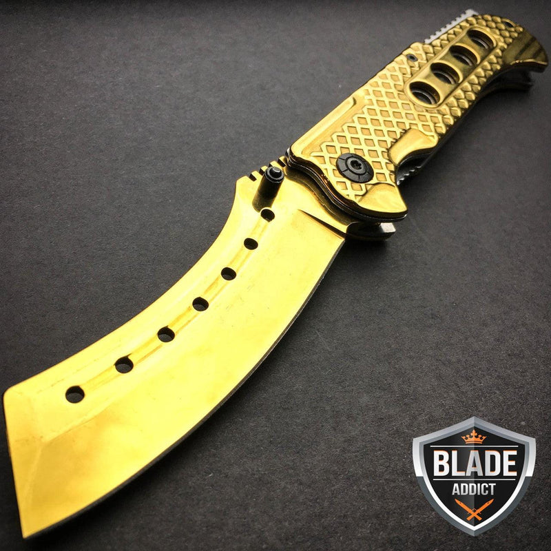 9" TACTICAL Razor Pocket Knife Cleaver GOLD - BLADE ADDICT