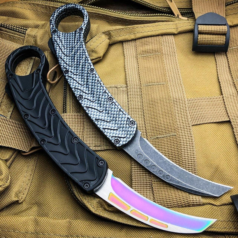 AUTO KARAMBIT DUAL ACTION OTF - Carbon Fiber or Rainbow Blade - BLADE ADDICT