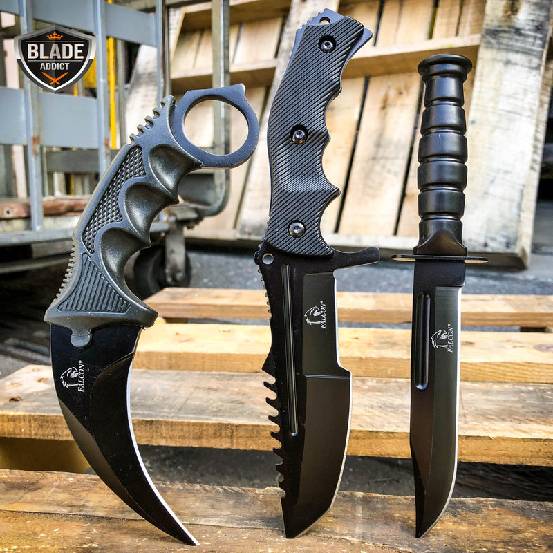 3PC COMBO CSGO Tactical Fixed Blade Knife Set - Karambit, Huntsman, Combat Knife Black - BLADE ADDICT