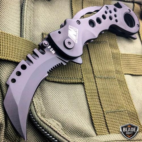 7.5" Heavy Duty Tactical Karambit Claw Spring Assisted Pocket Knife Black - BLADE ADDICT