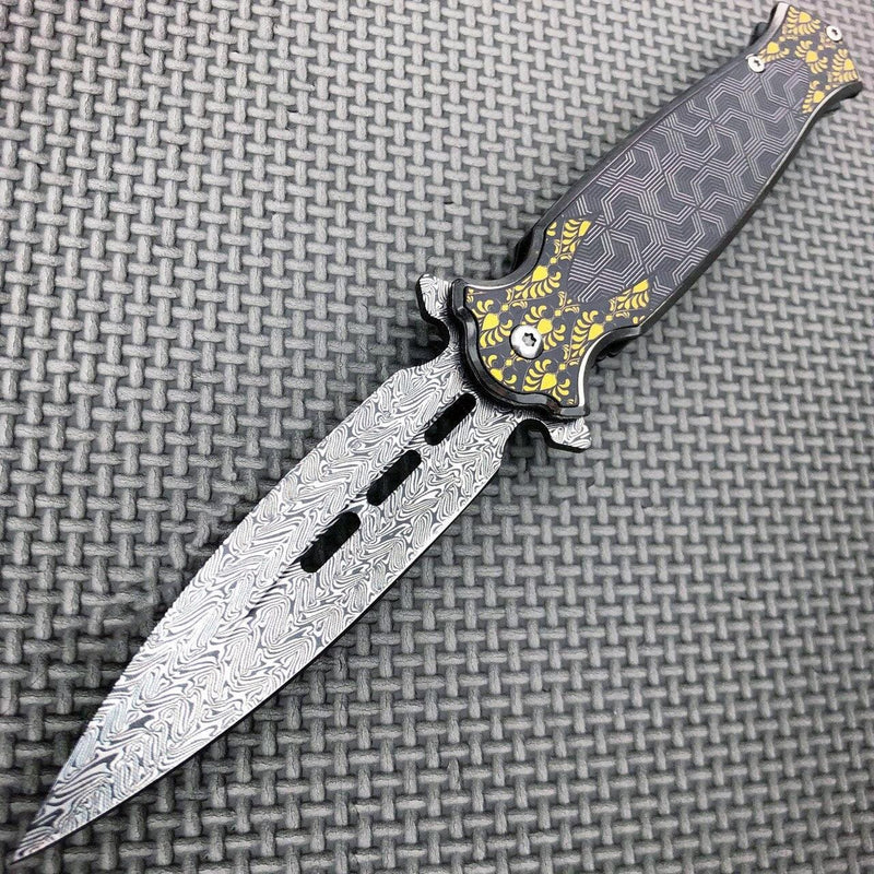 8.25" Damascus Etch Dirk Dagger Spring Open Assisted Pocket Knife Black - BLADE ADDICT