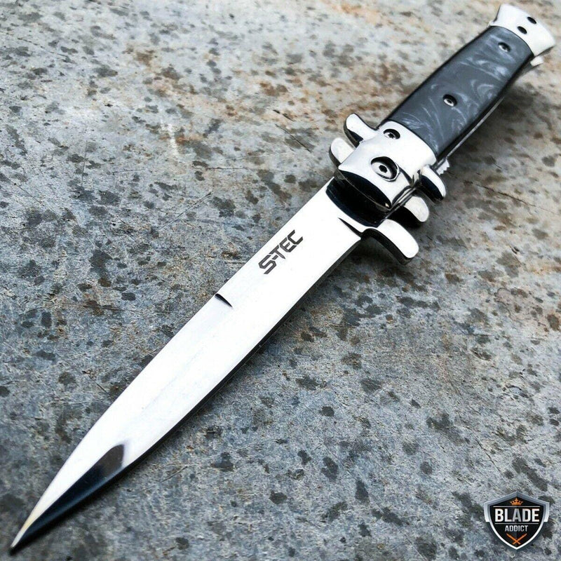 9" Classic Italian Milano Spring Assist Folding Stiletto Pocket Knife Black - BLADE ADDICT