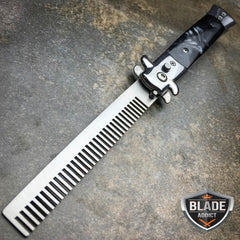 Auto Push Button Folding Comb Switchblade Knife Looking Brush Pearl Black - BLADE ADDICT