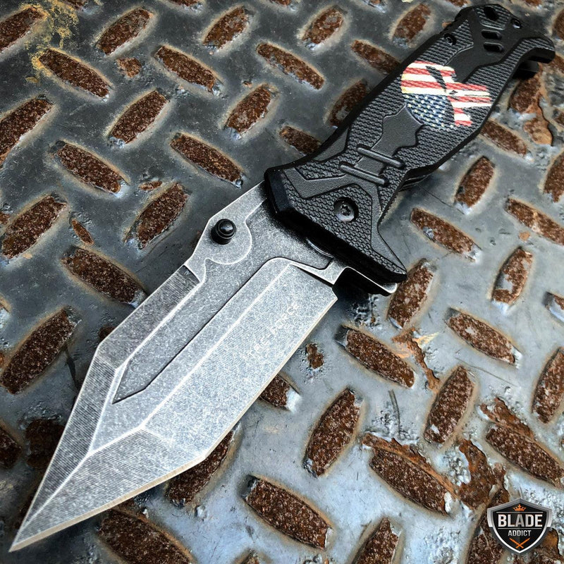 Spring Assisted Open Pocket Knife Punisher US FLAG Skull Folding Blade Black - BLADE ADDICT