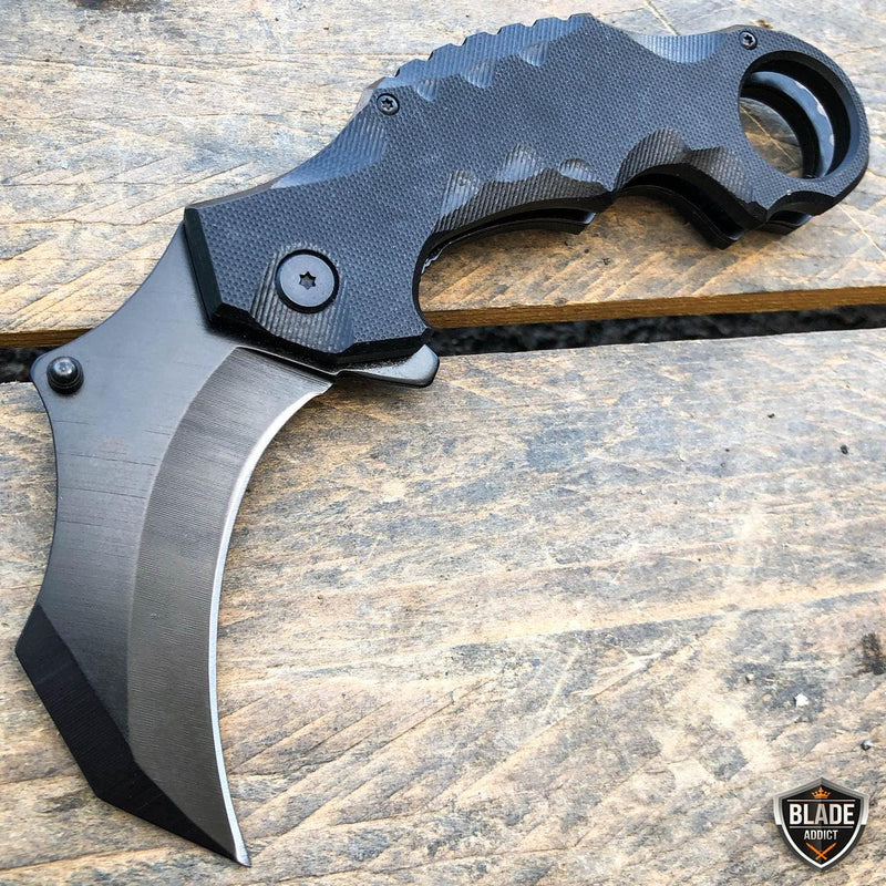 TACTICAL Spring Assisted Open G10 KARAMBIT Claw Folding Pocket Knife Black - BLADE ADDICT