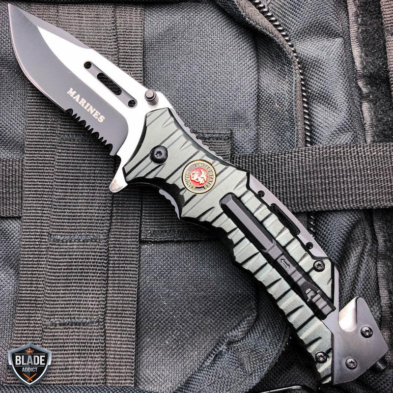 8.25" Tactical Spring Assisted Open Folding Blade Rescue Pocket Knife Black USMC Marines - BLADE ADDICT