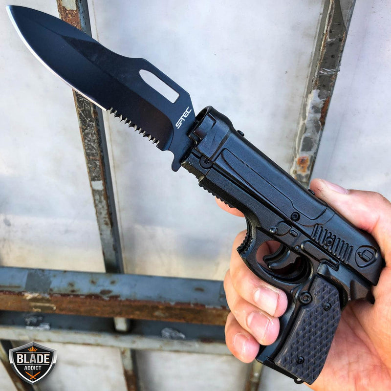 8" Tactical Spring Assisted HAND Gun PISTOL Folding Pocket Knife Black w/ Black Handle - BLADE ADDICT