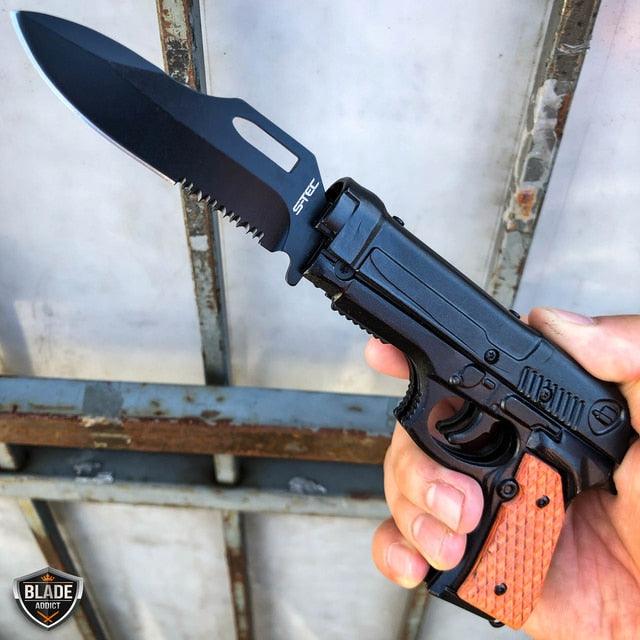 8" Tactical Spring Assisted HAND Gun PISTOL Folding Pocket Knife Black w/ Brown Handle - BLADE ADDICT
