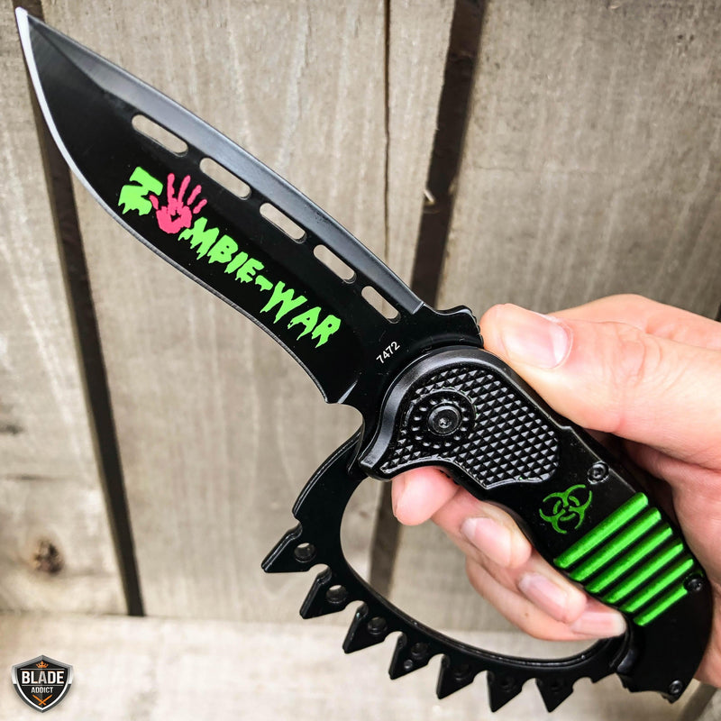 8.5" Zombie Tactical Spring Assisted Open Knuckle Pocket Knife Black w Green - BLADE ADDICT