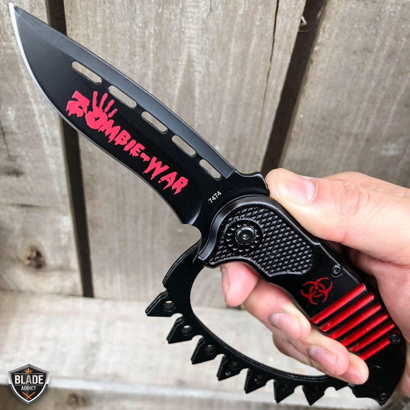 8.5" Zombie Tactical Spring Assisted Open Knuckle Pocket Knife Black w Red - BLADE ADDICT
