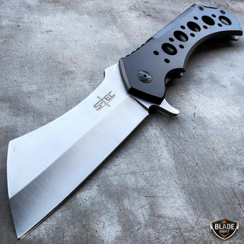 12" CLEAVER RAZOR Tactical Assisted Open Pocket Folding Open Knife Black w/ Silver Blade - BLADE ADDICT