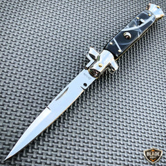 Italian Stiletto Pocket Knife Black w/ White Swirl - BLADE ADDICT