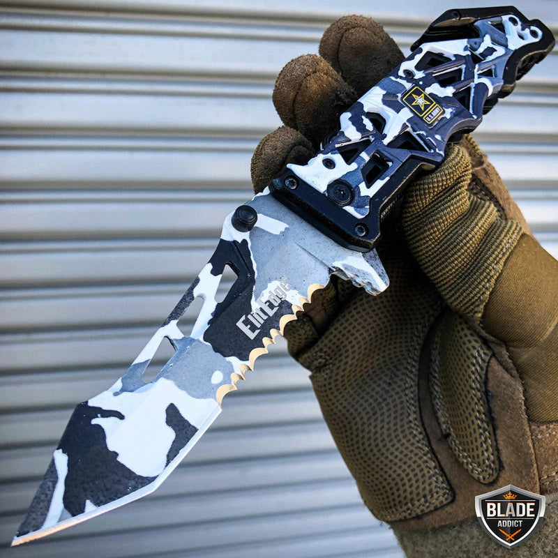 9" Military Tactical Spring Assisted Open Folding Rescue Pocket Knife Black/White Camo - BLADE ADDICT