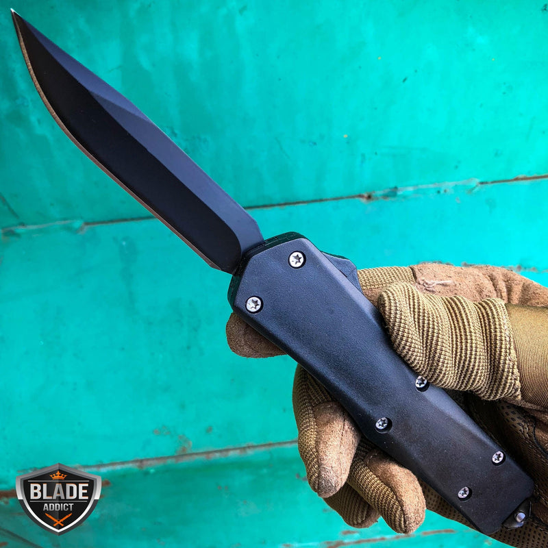 9" Military Combat Spring Assisted Blade OTF Tactical Pocket Knife Black Wood - BLADE ADDICT