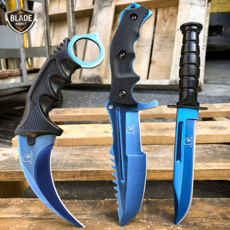 3PC COMBO CSGO Tactical Fixed Blade Knife Set - Karambit, Huntsman, Combat Knife Blue - BLADE ADDICT