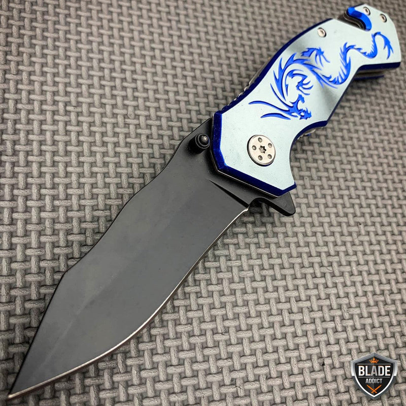 7.75" Fantasy Dragon Spring Assisted Open Rescue Folding Pocket Knife Blue - BLADE ADDICT