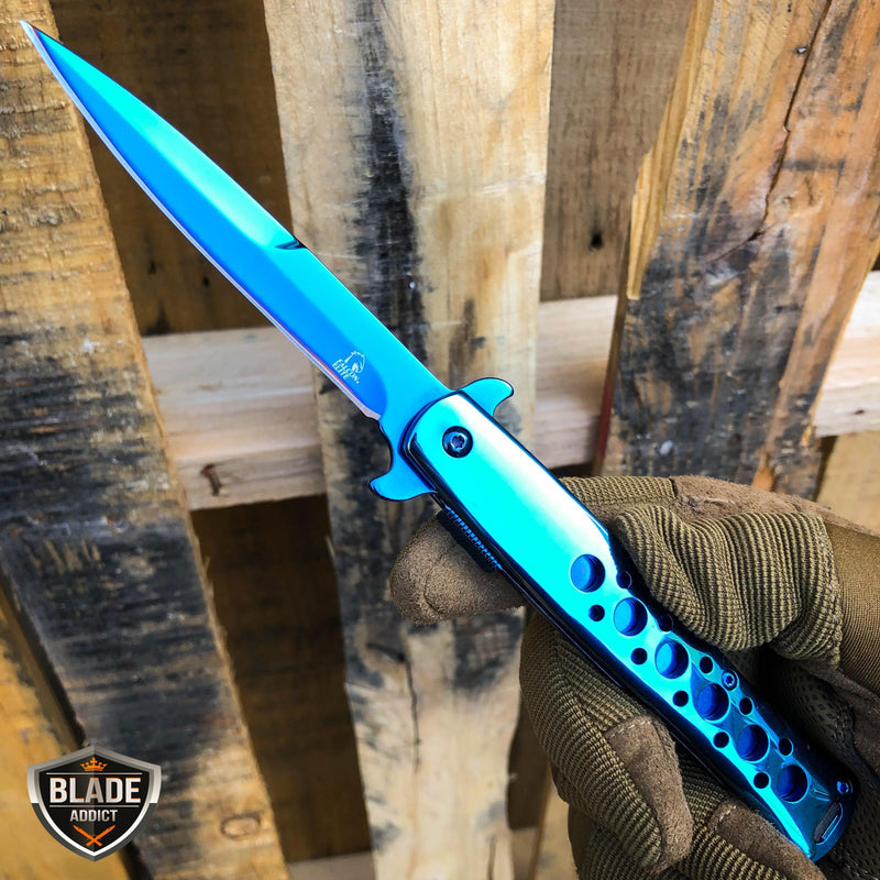 9" SPRING ASSISTED TACTICAL STILETTO Folding POCKET KNIFE Blue - BLADE ADDICT