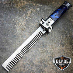 Auto Push Button Folding Comb Switchblade Knife Looking Brush Pearl Blue - BLADE ADDICT