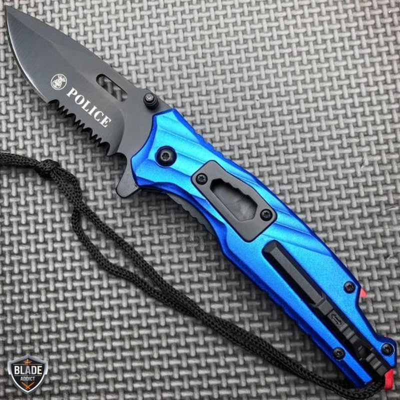 7.75" Military Tactical Spring Assisted Open Folding Blade Knife Blue Police - BLADE ADDICT