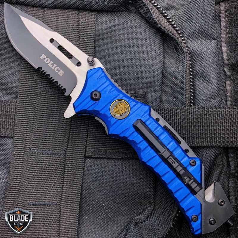 8.25" Tactical Spring Assisted Open Folding Blade Rescue Pocket Knife Blue Police - BLADE ADDICT