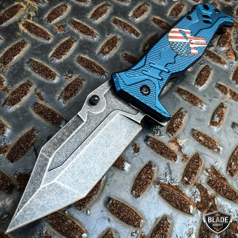 Spring Assisted Open Pocket Knife Punisher US FLAG Skull Folding Blade Blue - BLADE ADDICT