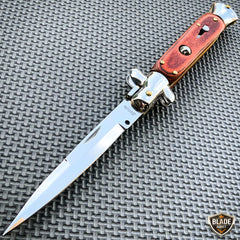 Italian Stiletto Pocket Knife Brown Wood - BLADE ADDICT