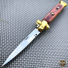 Italian Stiletto Pocket Knife Brown Wood w/ Gold - BLADE ADDICT