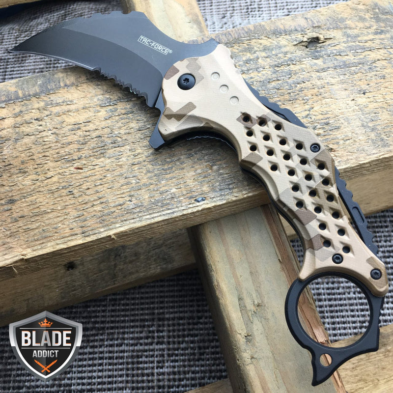 CAMO Spring Assisted Pocket Knife KARAMBIT CLAW Blade Tactical Knife - BLADE ADDICT