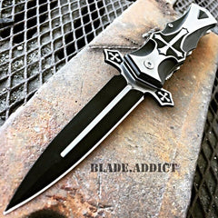 CELTIC CROSS Folding Blade STILETTO Pocket Knife Black - BLADE ADDICT