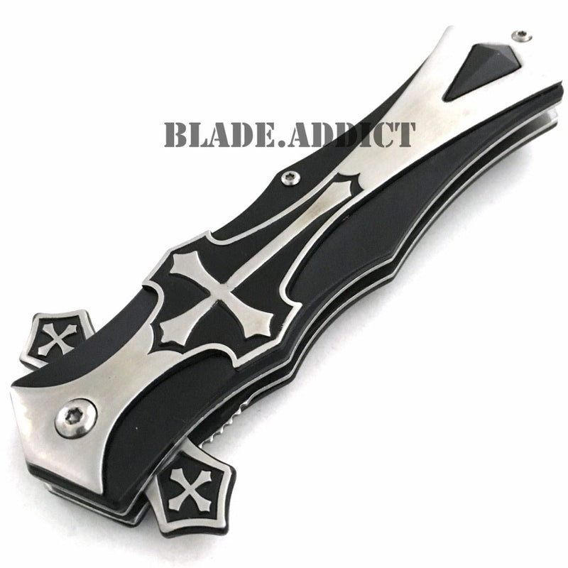 CELTIC CROSS Folding Blade STILETTO Pocket Knife Black - BLADE ADDICT