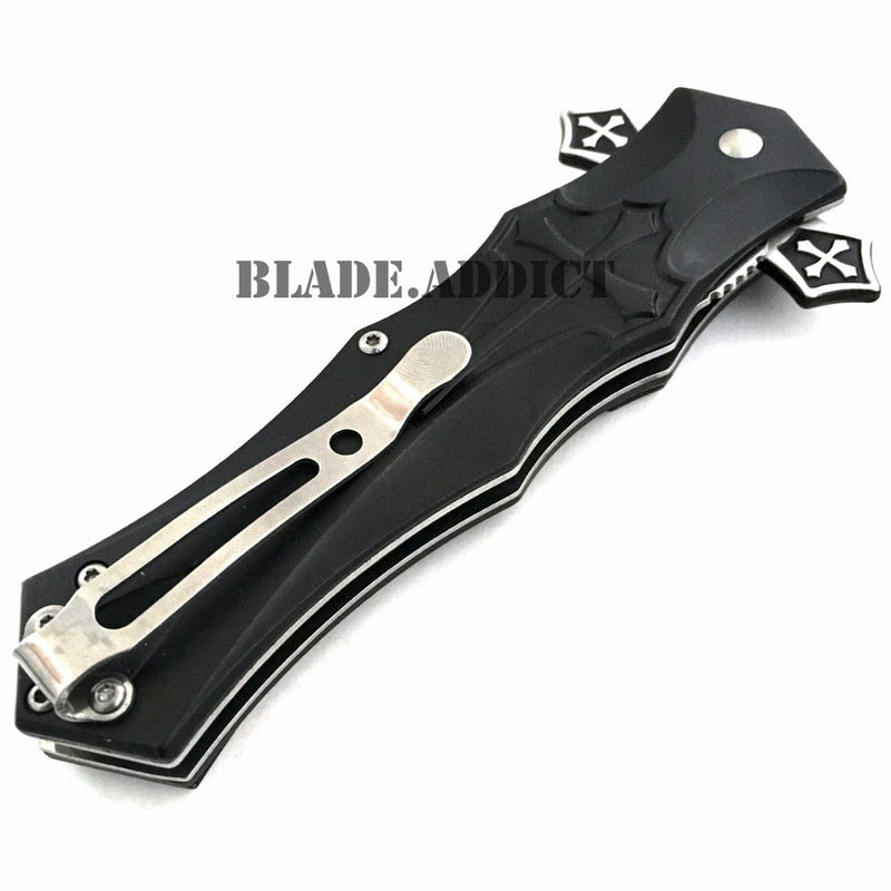 CELTIC CROSS Folding Blade STILETTO Pocket Knife Black - BLADE ADDICT