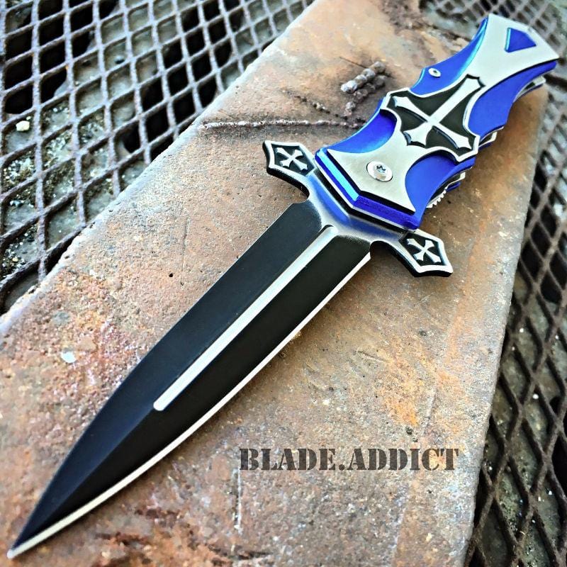 CELTIC CROSS Folding Blade STILETTO Pocket Knife Blue - BLADE ADDICT