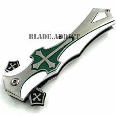 CELTIC CROSS Folding Blade STILETTO Pocket Knife GREEN - BLADE ADDICT