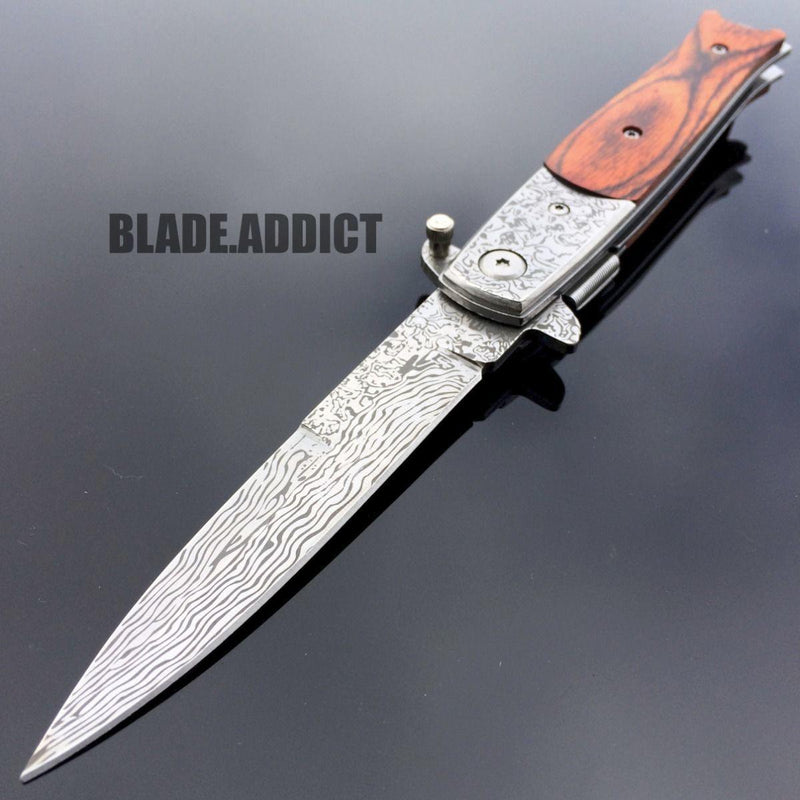 DAMASCUS Italian Milano Stiletto Spring Assisted Open Pocket Knife - BLADE ADDICT