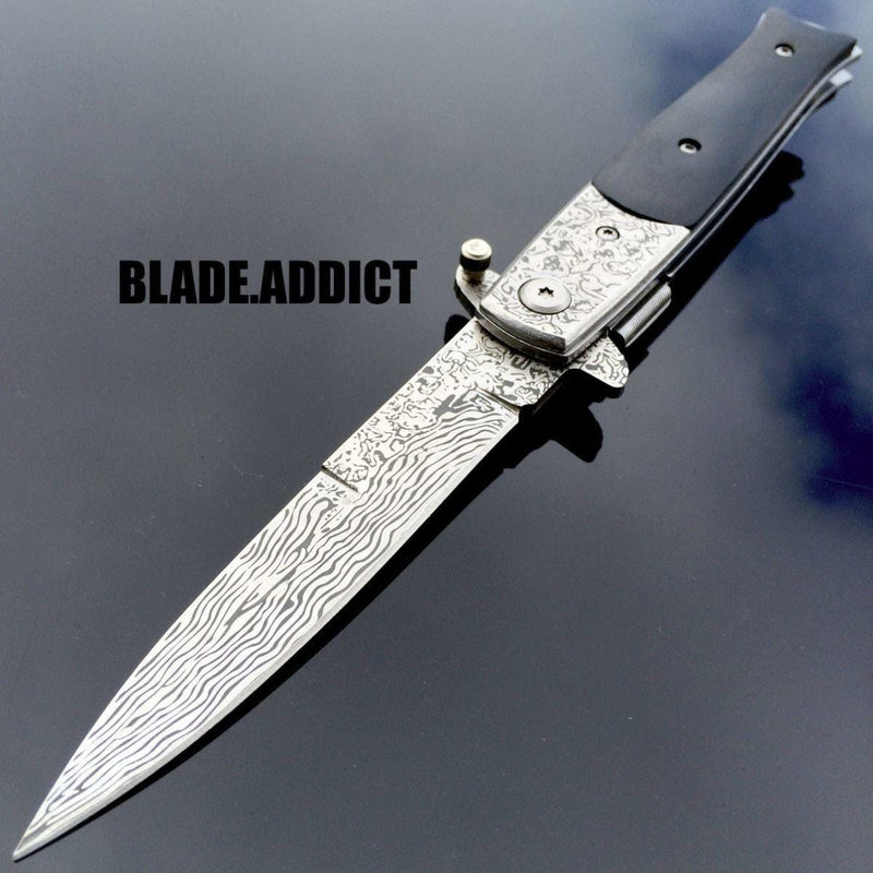 Damascus Italian Stiletto Black SWIRL Spring Assisted Pocket Knife - BLADE ADDICT