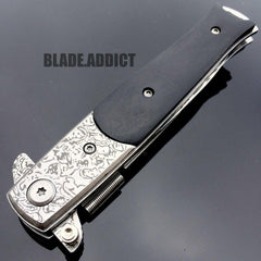 Damascus Italian Stiletto Black SWIRL Spring Assisted Pocket Knife - BLADE ADDICT